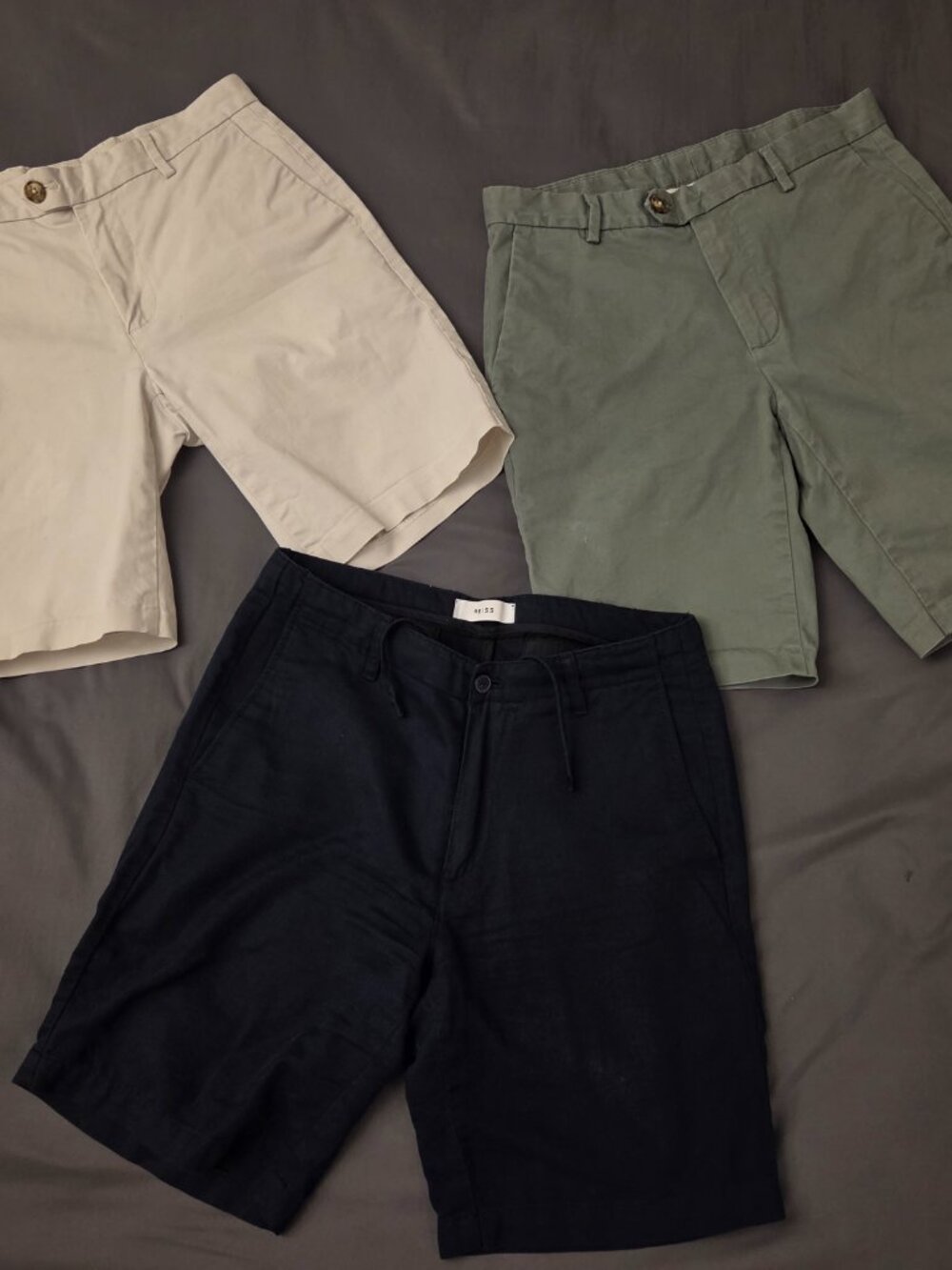 3 Pairs of Reiss Shorts, Men's 28, Slim Fit, Stone/Green Wicket Shorts and Navy